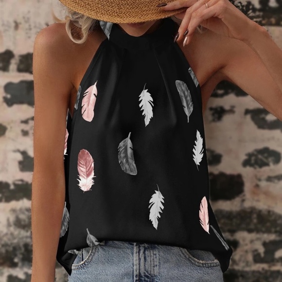 Boho Feather Print Halter Tank Top - Picture 6 of 7